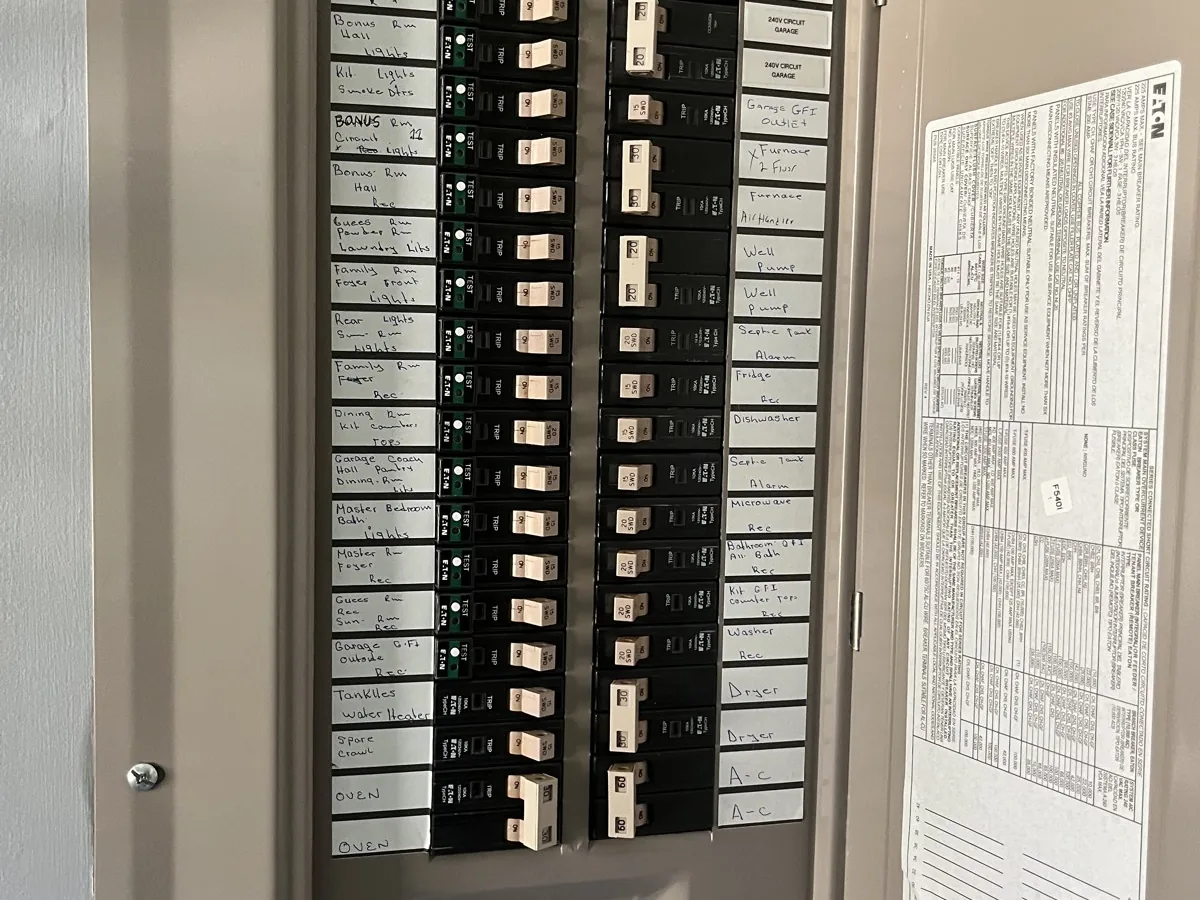 Eaton breaker panel with every circuit labeled and the panel directory on the door