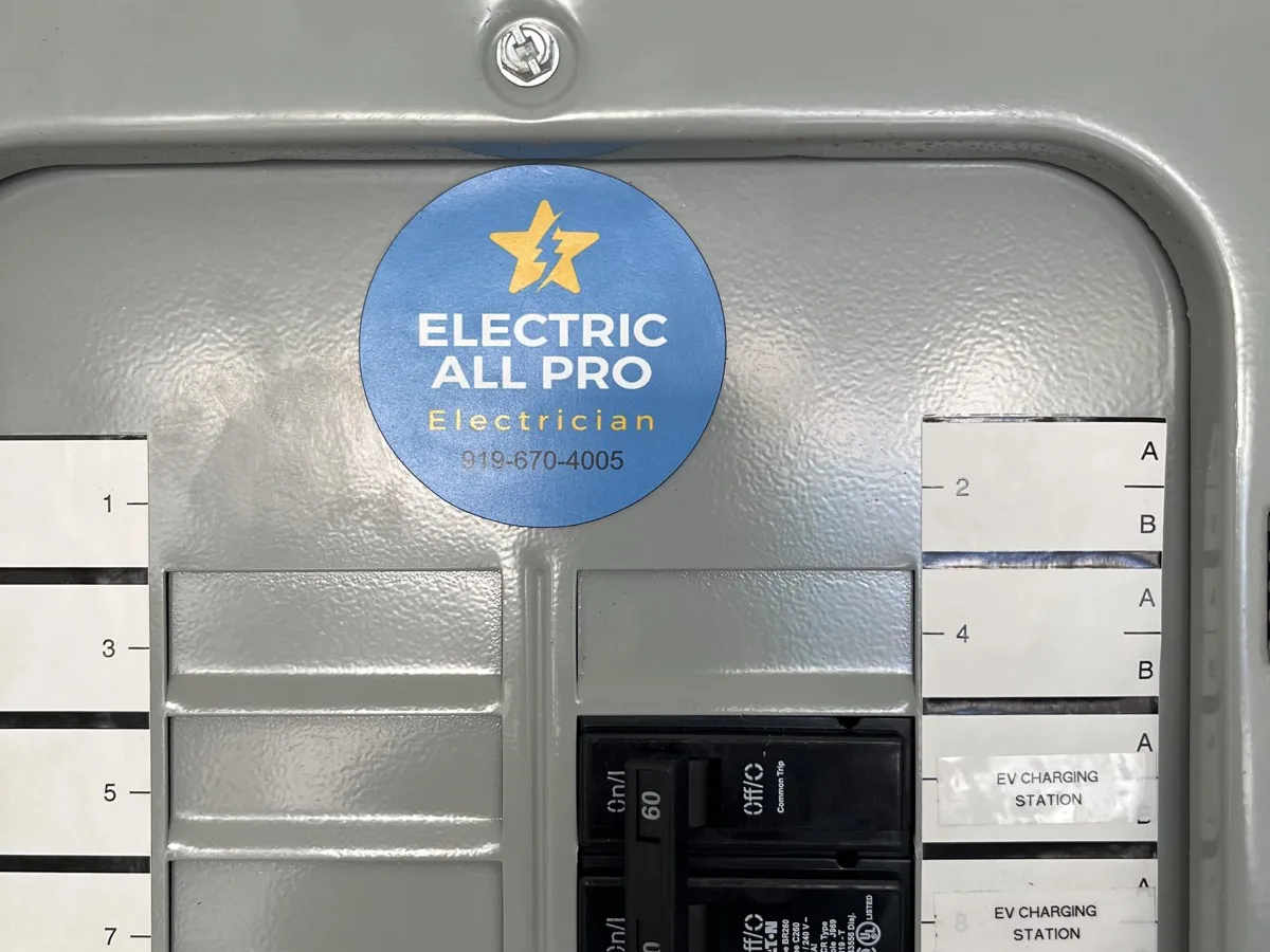 Electrical panel with labeled breakers and an Electric All Pro sticker