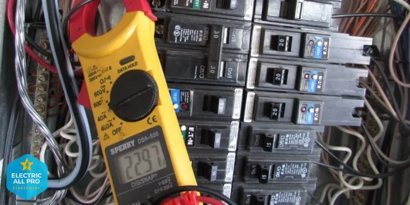 Clamp meter reading voltage at an electrical panel