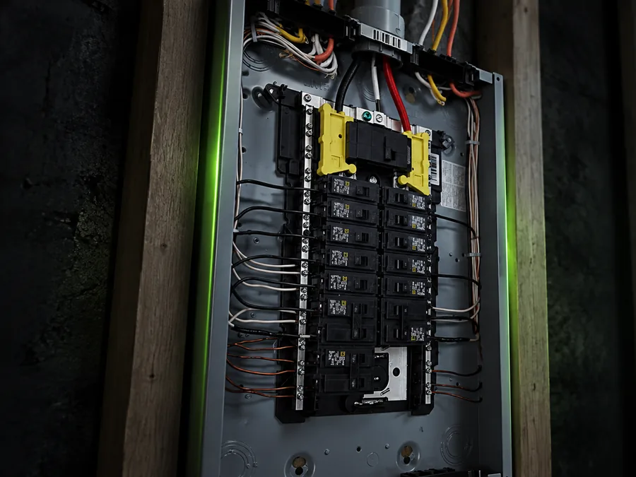 Open residential load center with breakers installed and circuit conductors dressed and landed.