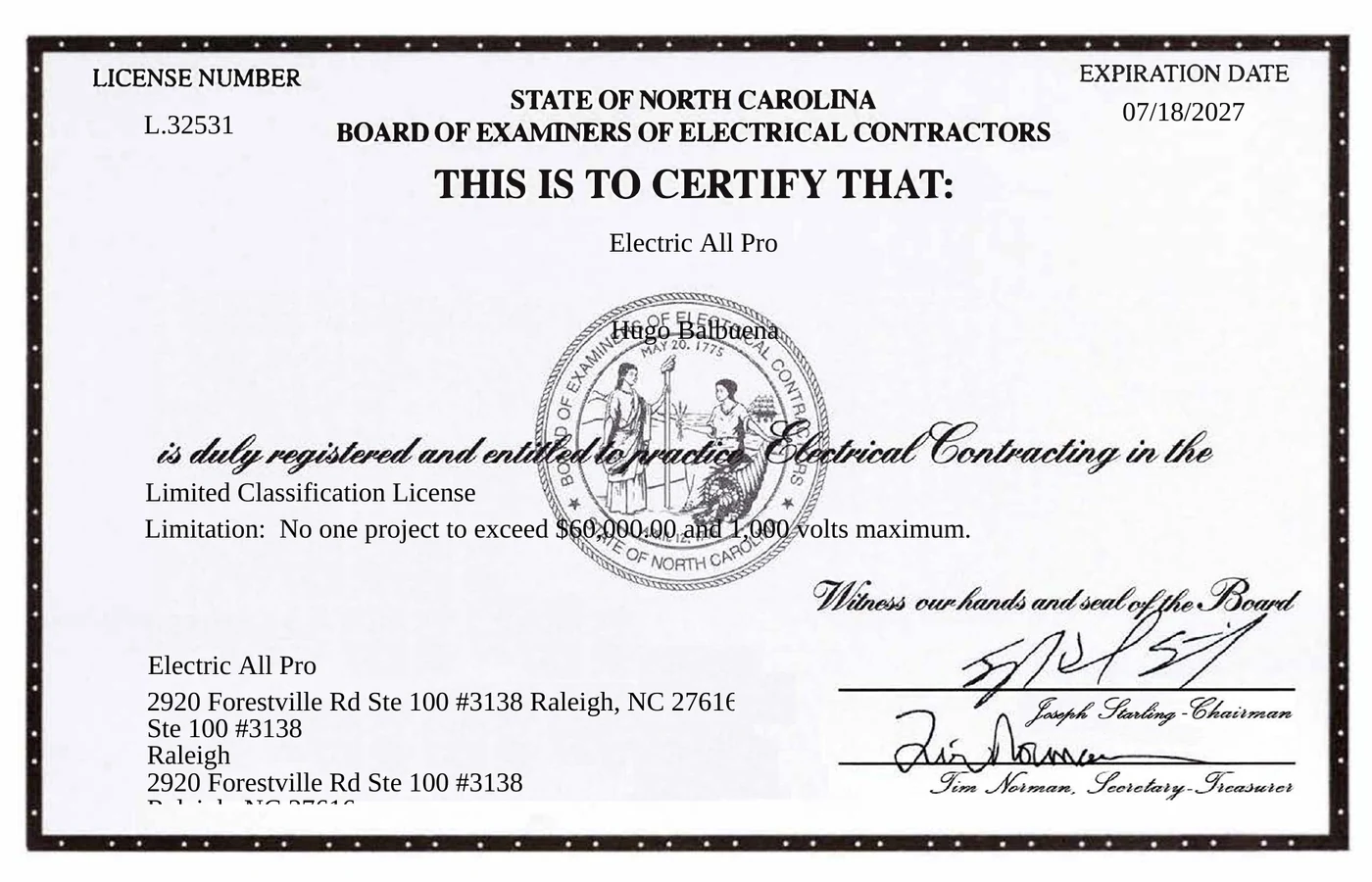 North Carolina Board of Examiners of Electrical Contractors certificate issued to Electric All Pro, license number L.32531, Limited Classification, expiring 18 July 2027.