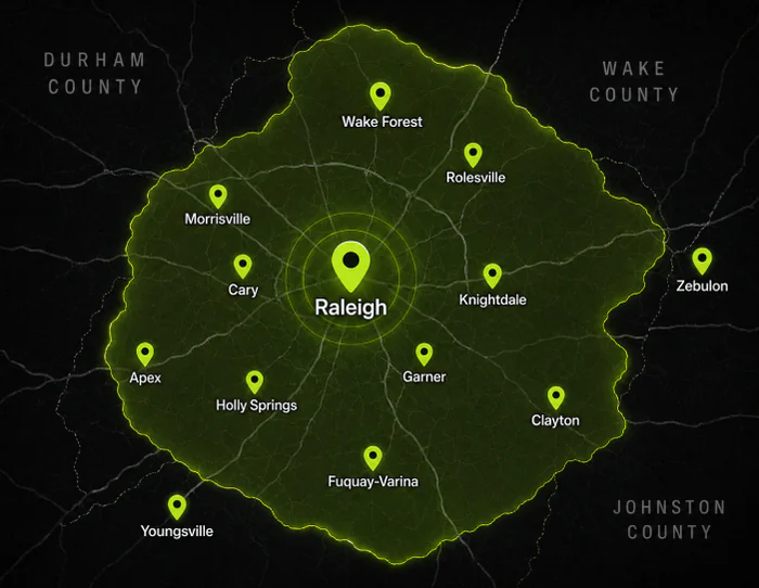 Map of the Electric All Pro 24/7 emergency coverage area across Raleigh and the Triangle