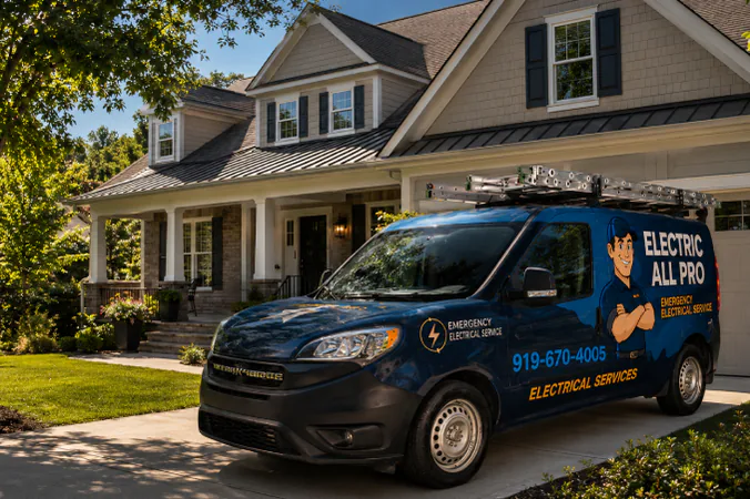 Electric All Pro van in front of a Raleigh home during a code-compliant electrical repair