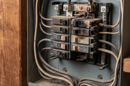 Heat-damaged circuit breakers before an emergency electrical panel repair in Cary