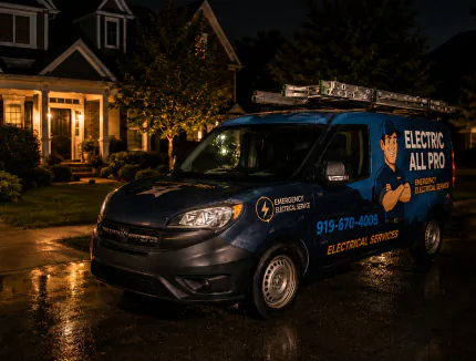 Electric All Pro emergency electrician van parked outside a Raleigh home at night