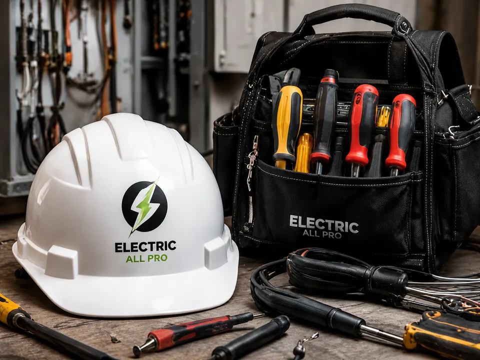 Electric All Pro hard hat and electrician tool bag beside an electrical panel