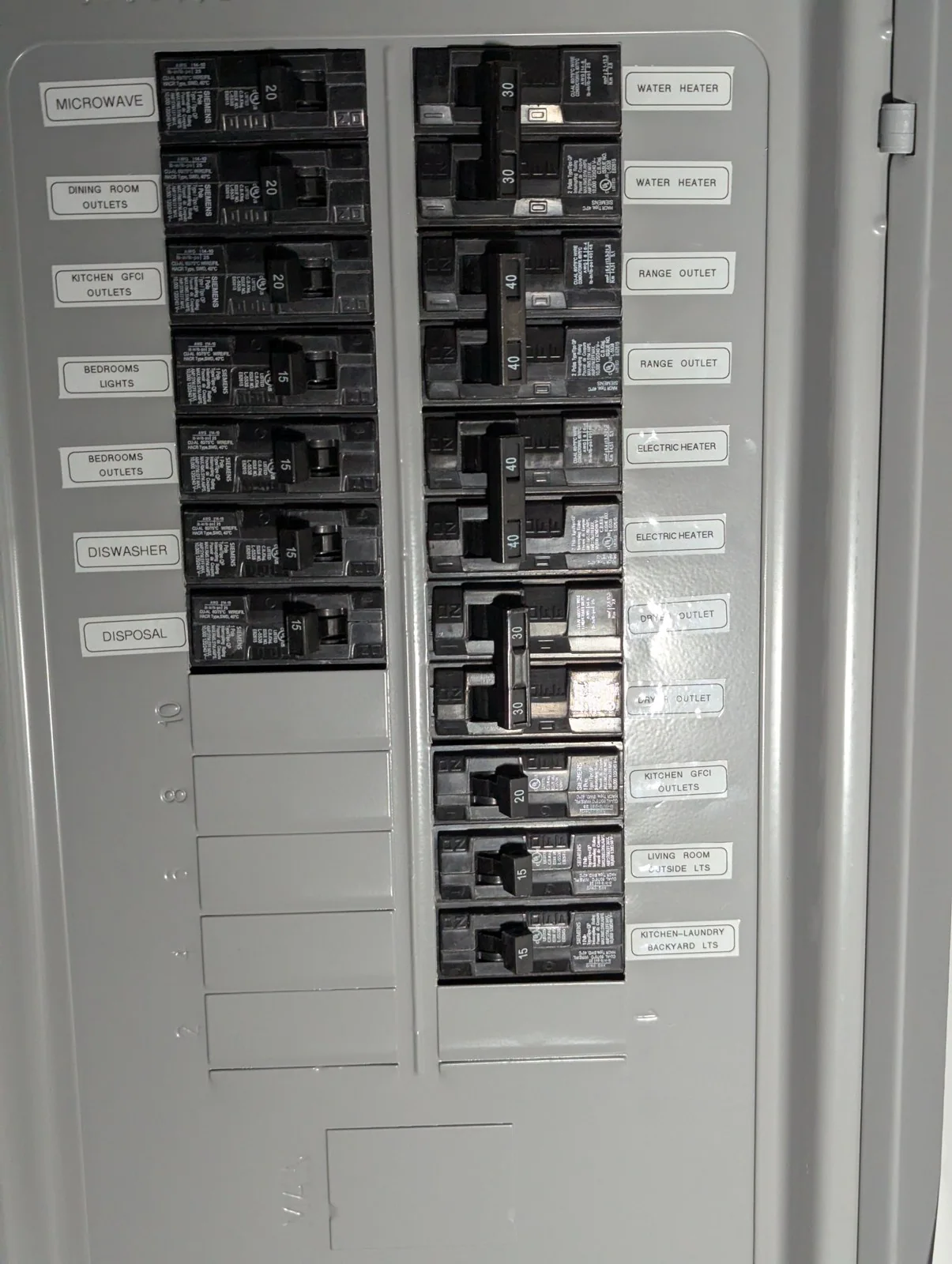 Labeled electrical panel with breaker groupings marked for the kitchen, bedrooms and laundry, in Hayes Barton, Raleigh