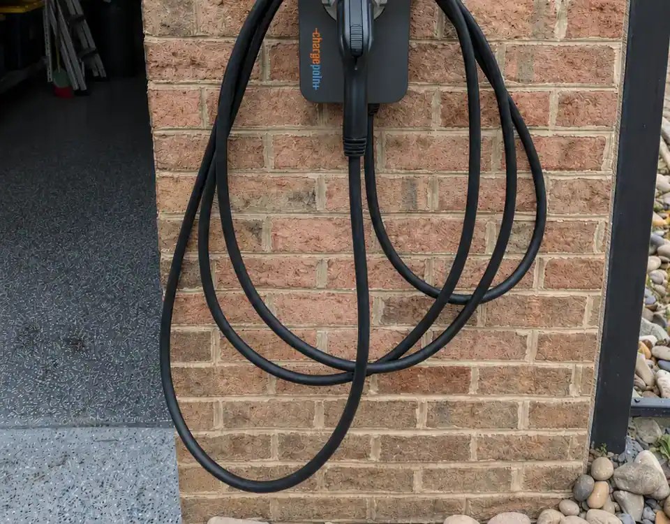 Level 2 EV charger mounted in a Brier Creek garage in Raleigh, NC