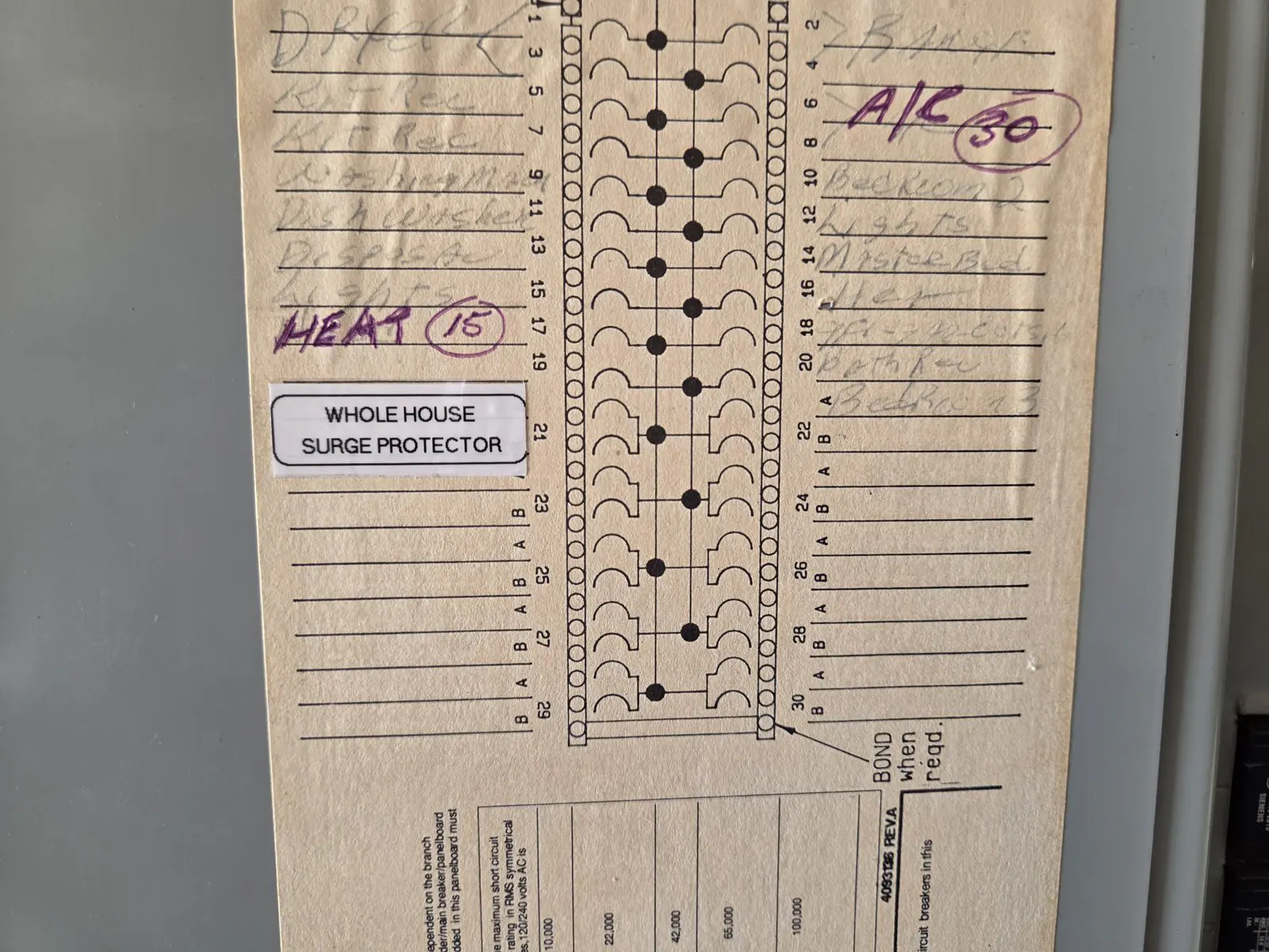 Handwritten circuit listing on a panel with an entry reading 'WHOLE HOUSE SURGE PROTECTOR', in Wakefield, Raleigh