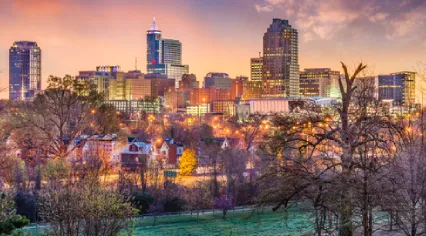 Durham, North Carolina skyline at sunset