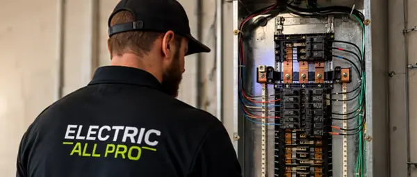 Electric All Pro electrician inspecting an open electrical panel