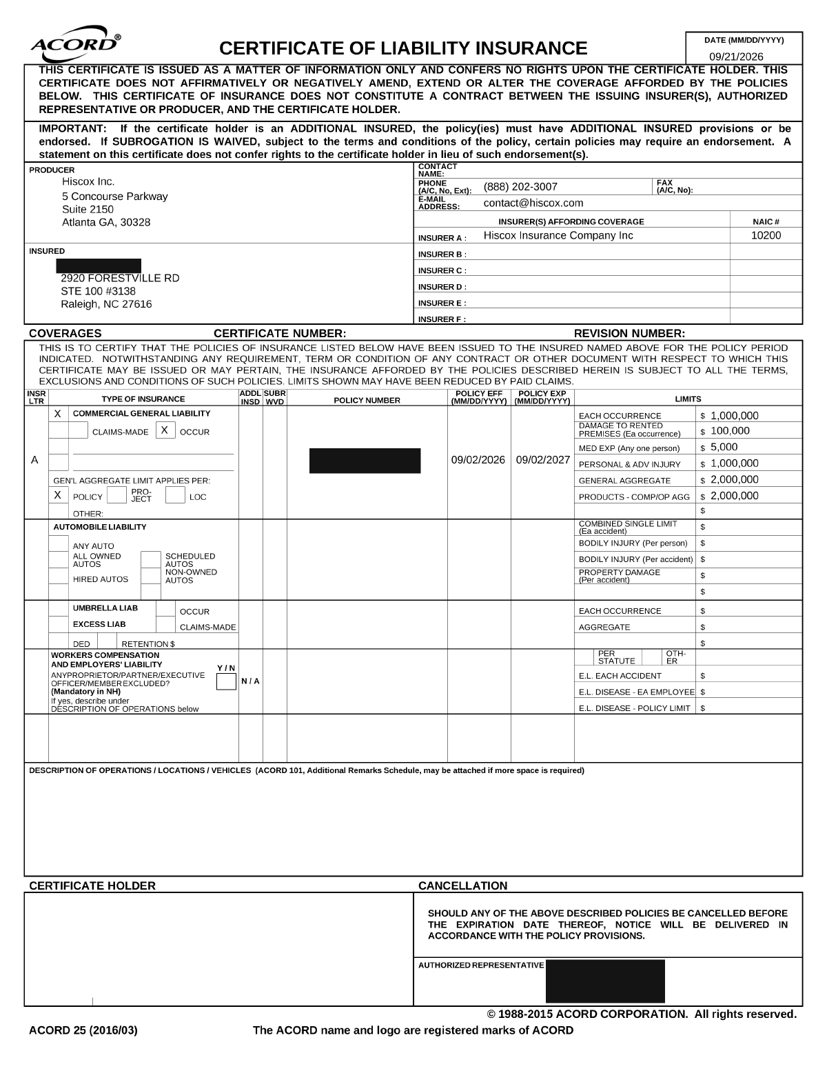 ACORD 25 certificate of liability insurance naming Hiscox Insurance Company Inc. as the insurer, with the policy number, the signature and the insured’s name hidden.
