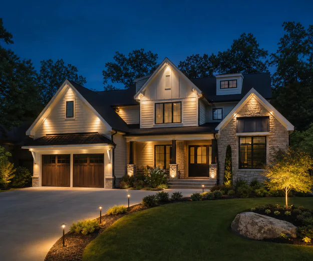 Modern Raleigh home at night with professionally installed exterior lighting
