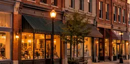 Early 1900s brick storefronts on a small-town main street