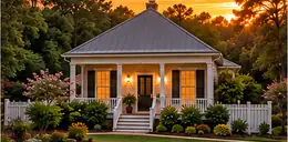 Small mill cottage with a pyramidal roof and front porch