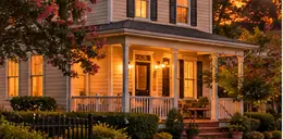 Older wood-sided house with a porch on a small-town street