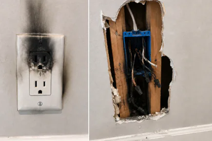 Burned electrical outlet and damaged wiring repaired after a short circuit in Wake Forest