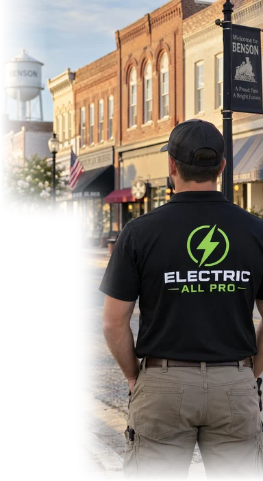 Brick storefronts on Main Street in downtown Benson with an Electric All Pro electrician