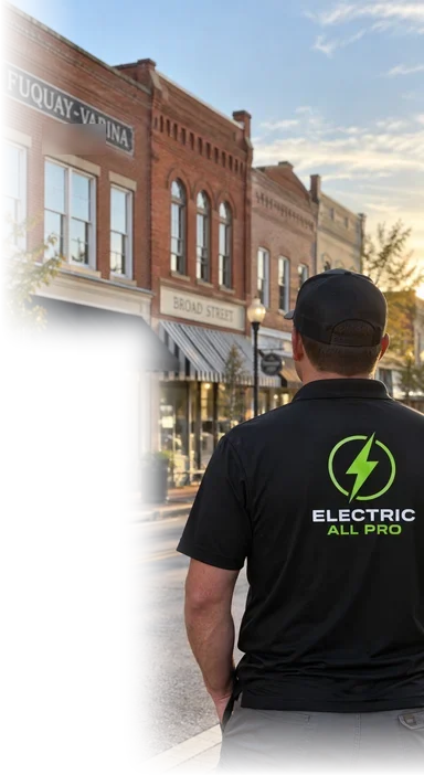 Historic Broad Street storefronts in Varina with an Electric All Pro electrician