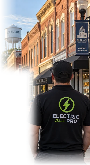 Historic downtown Zebulon street with an Electric All Pro electrician