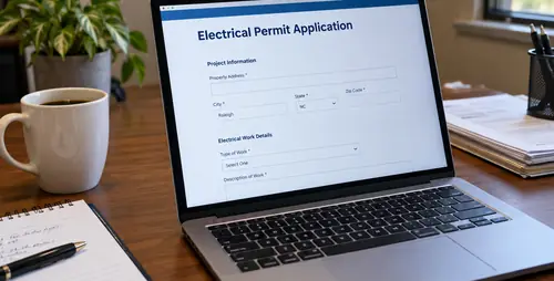 Electrical permit application open on a laptop on a desk