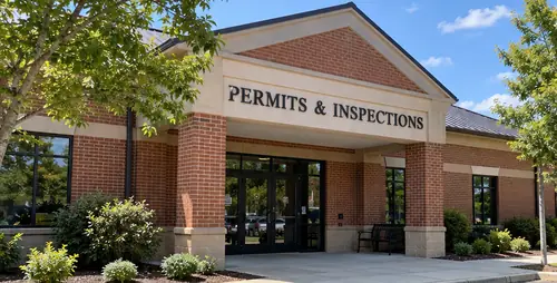 Brick municipal building with a Permits and Inspections sign
