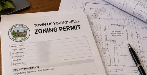 Zoning permit papers and a site plan on a desk