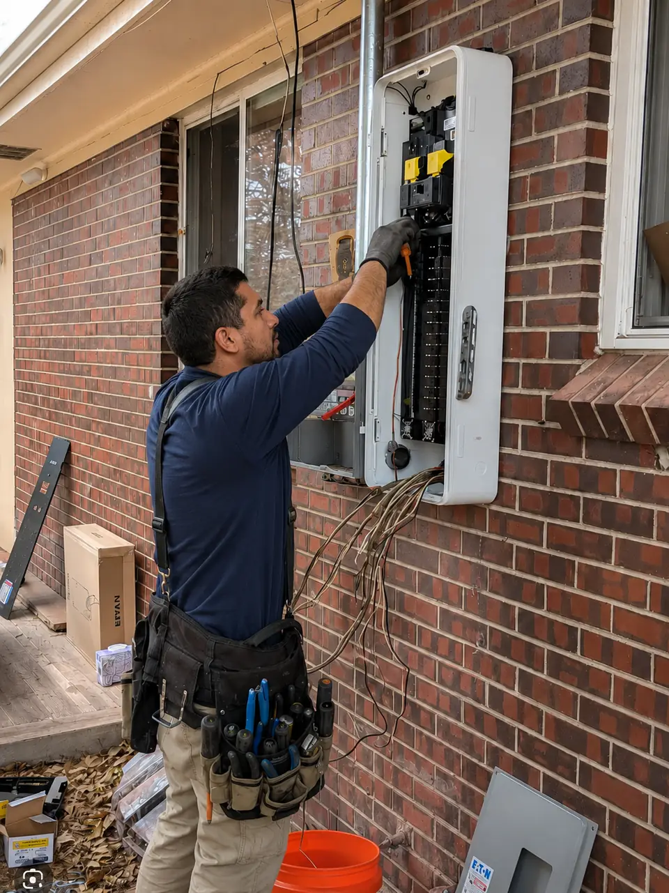 new 200A panel with meter base on dark siding — 200 Amp Panel Upgrade — North Hills, Raleigh NC