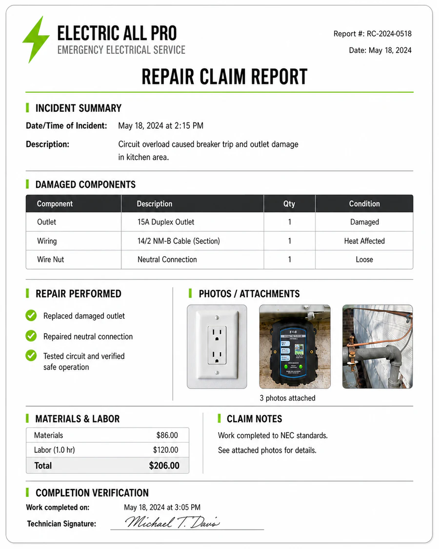Sample Electric All Pro electrical repair claim report with a damage summary and completed repairs
