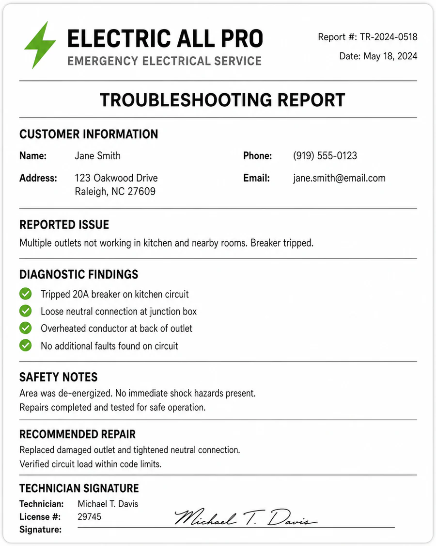 Sample Electric All Pro emergency electrical troubleshooting report with diagnostic findings and safety notes