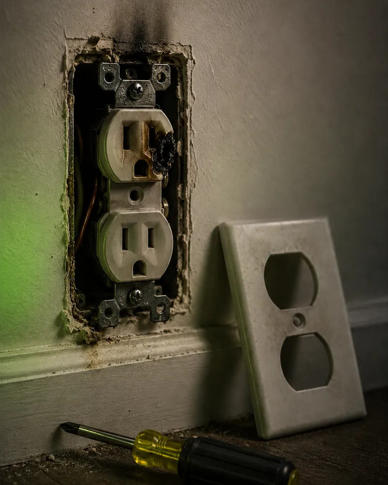 Burned electrical outlet with scorch marks and its cover plate removed, ready for electrical repair in Raleigh, NC