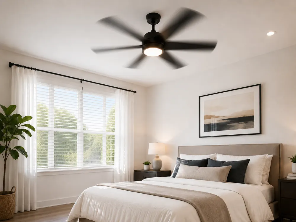 Black ceiling fan operating in a bright Raleigh bedroom