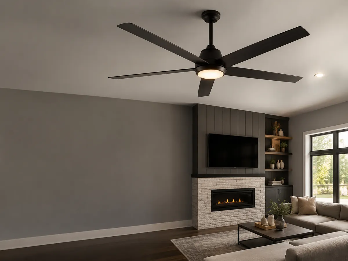 Modern black ceiling fan installed in a Raleigh living room by Electric All Pro