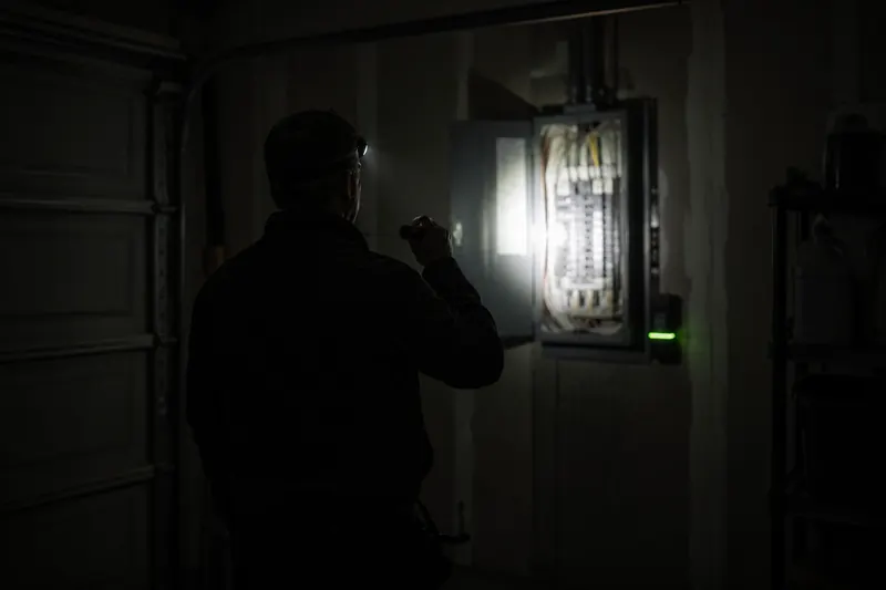 Electrician using a headlamp and flashlight to inspect an open electrical panel in a dark garage
