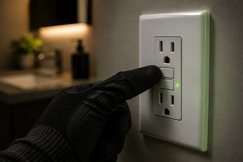 Gloved hand pressing the test button on a GFCI outlet in a bathroom