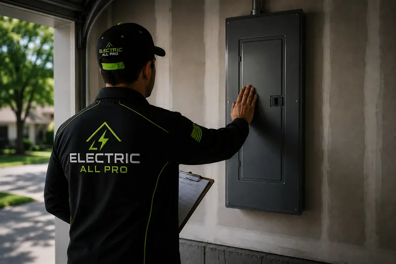 Electric All Pro electrician with a clipboard checking a home’s electrical panel during a whole-home safety inspection in Raleigh, NC