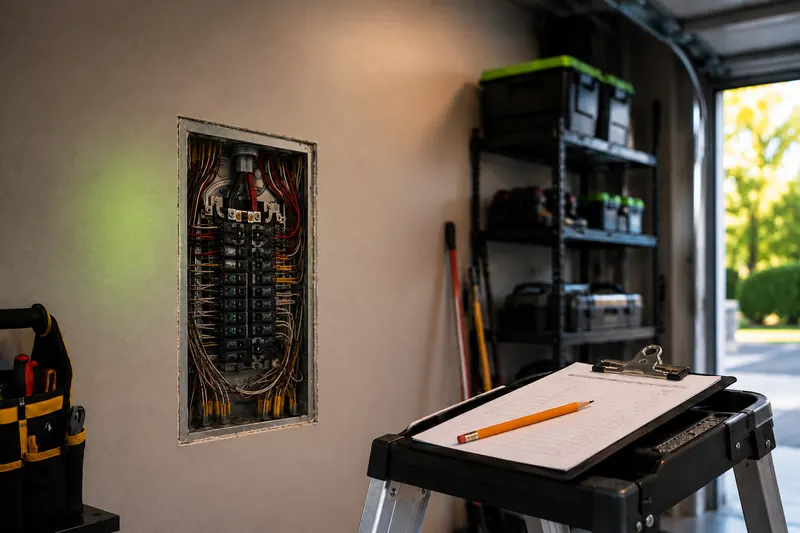 Clipboard with a written repair estimate on a step ladder beside an open electrical panel
