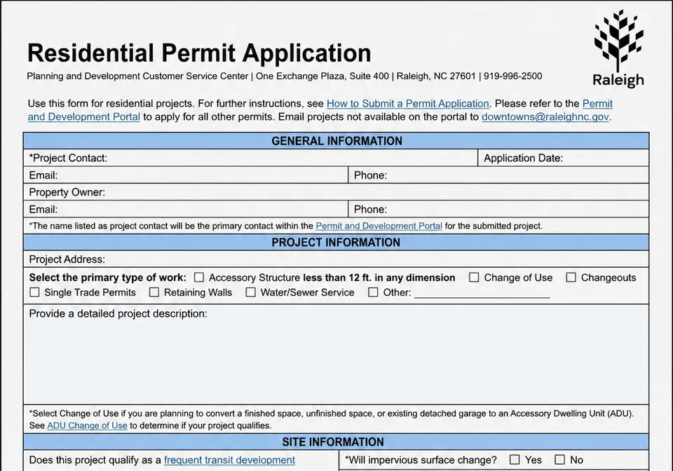 City of Raleigh residential permit application for an EV charger installation