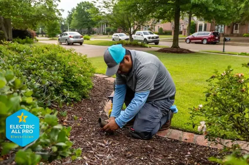 Landscape lighting being installed around a Raleigh backyard