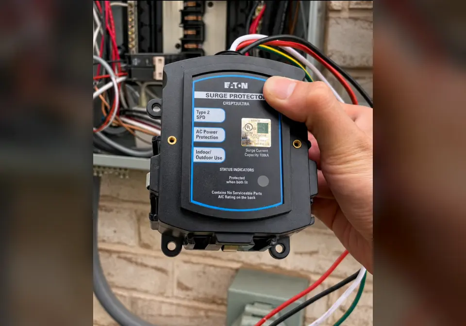Whole-house surge protective device mounted beside the main panel