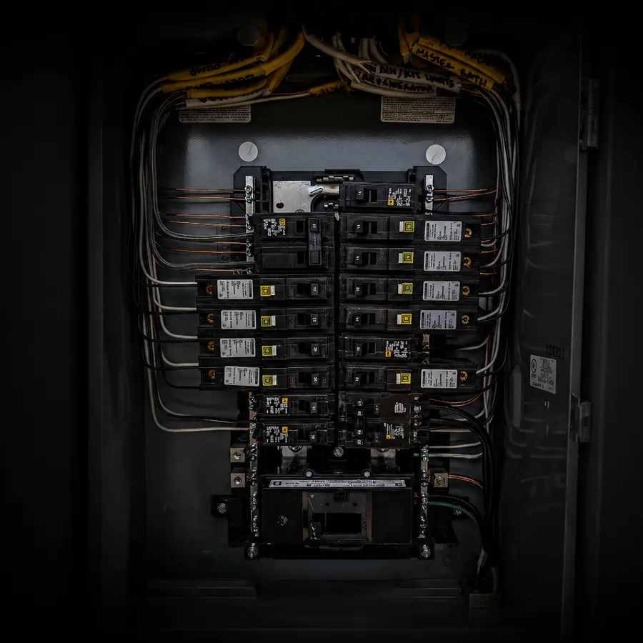 Open electrical panel interior showing breakers and wiring during a 200-amp upgrade