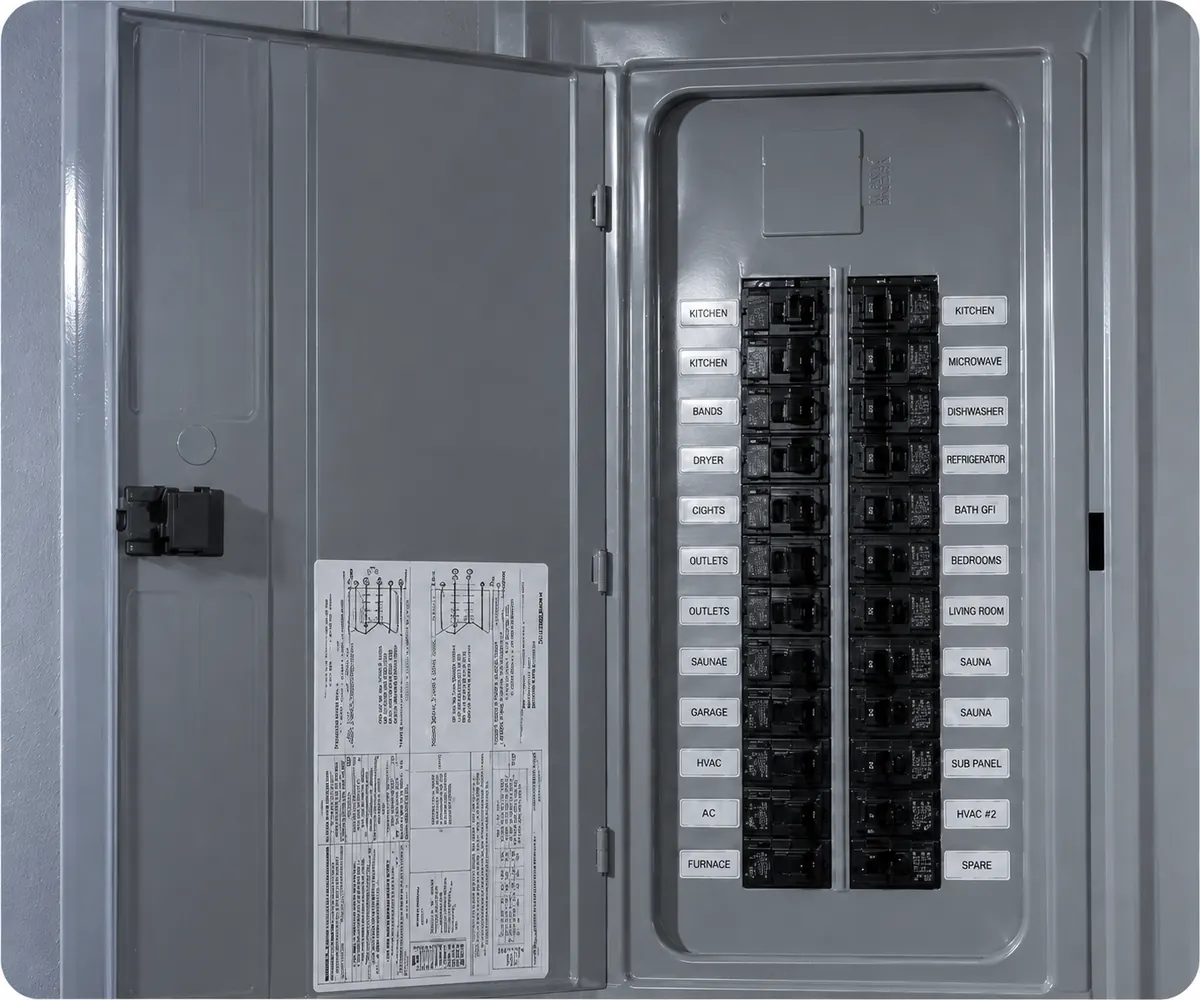 Modern electrical panel with labeled circuit breakers for a Raleigh panel upgrade