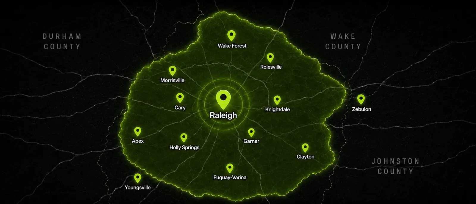 Map of Electric All Pro service coverage across Raleigh and nearby Triangle communities