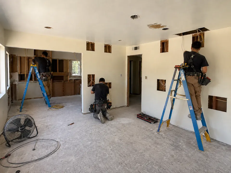 Electricians routing new copper wiring through opened walls and ceilings during a Raleigh whole-house rewiring project