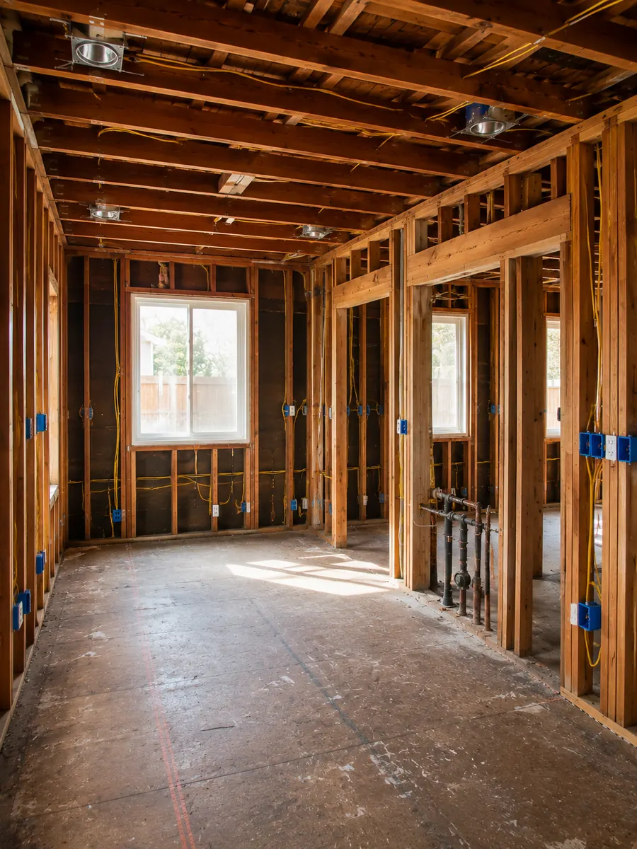 Open-wall whole house rewiring with new yellow branch-circuit cables in a Raleigh, NC home