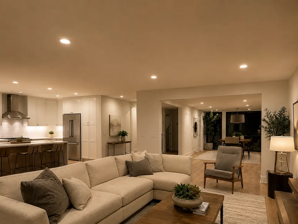 Recessed LED lighting illuminating an open-plan living room and kitchen during a Raleigh whole-house rewiring project