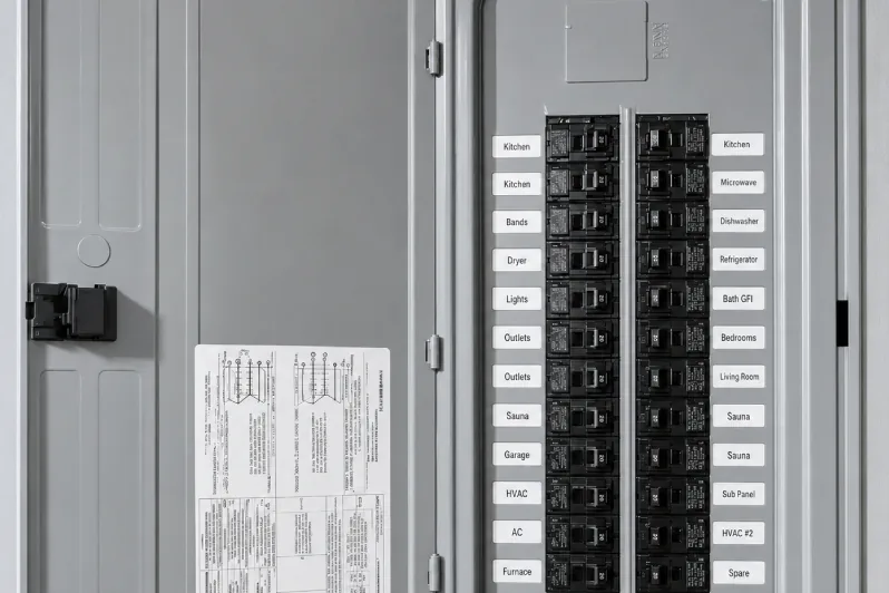 Clearly labeled breakers in a modern electrical panel after a whole-house rewiring project in Raleigh, NC