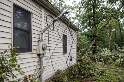Storm-damaged electrical service lines requiring emergency power restoration in North Raleigh