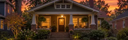Early 1900s bungalow with a deep porch in evening light