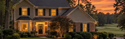 1980s two-story home on a wooded lot beside a golf course at dusk